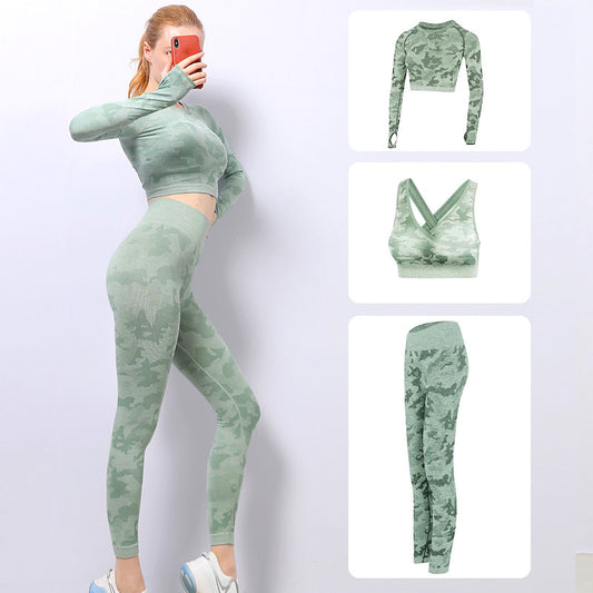 Camouflage High Elasticity Slim Quick Drying Yoga Wear Three Piece Set